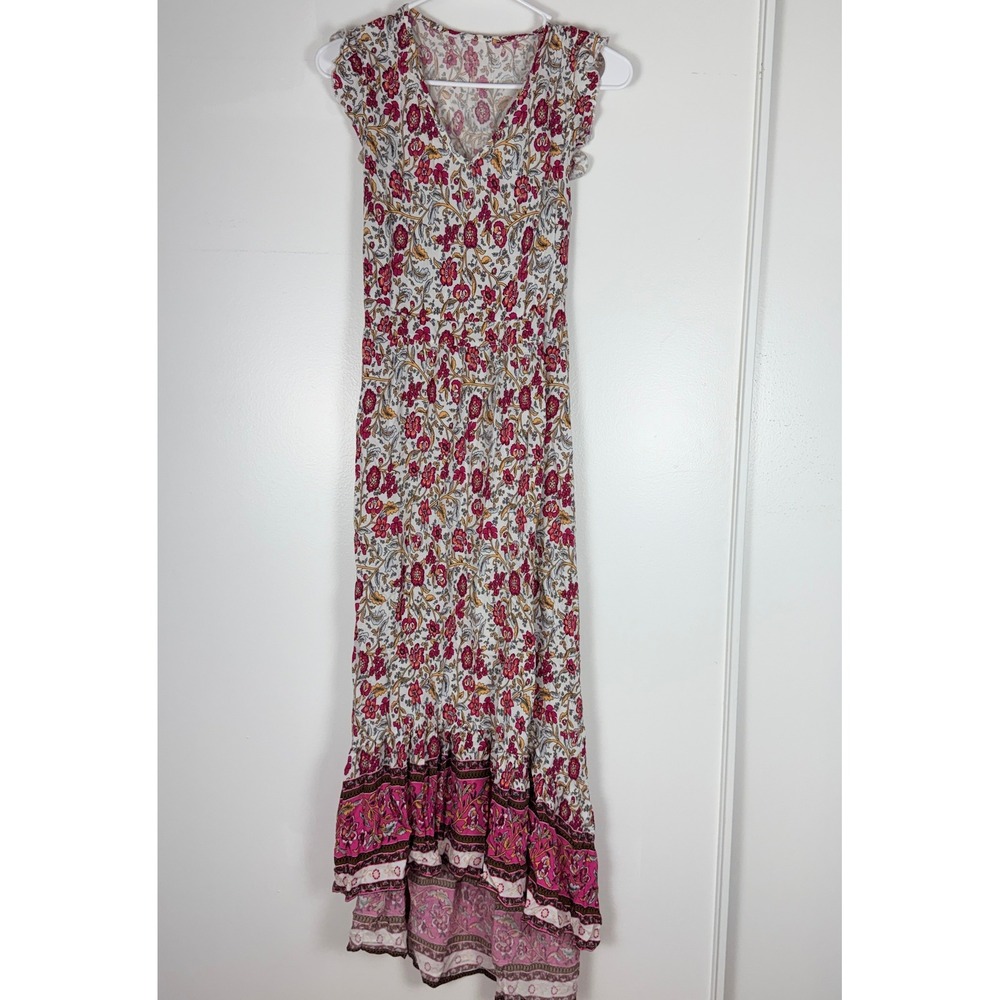 Maxi Dress 6 Pink elastic waist Floral Boho V-Neck High Low Hem Cottagecore